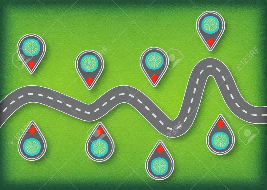 Viaje por carretera y ruta de viaje. Mapa del vector de carreteras