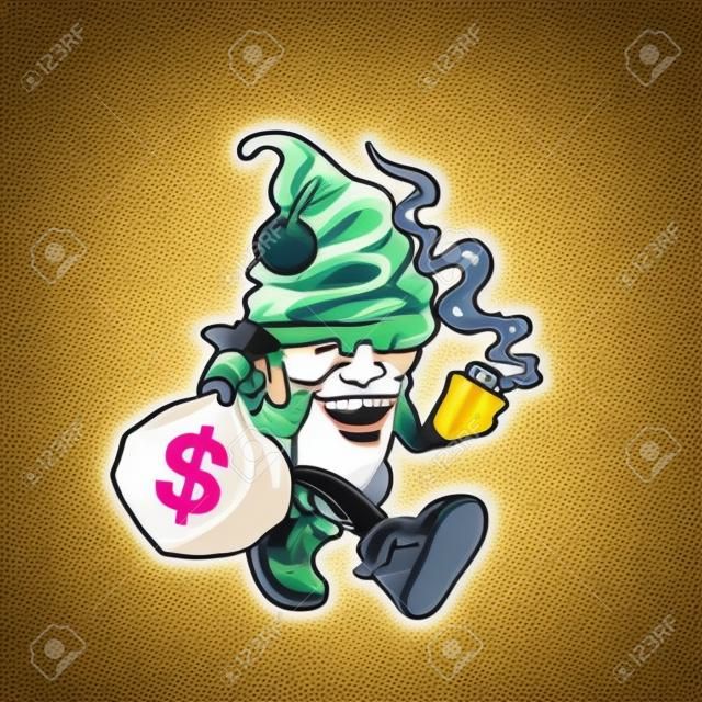 La crème glacée Gelato tient un sac d'argent et fume de l'herbe commune cannabis bourgeon fleur marijuana et marche se détendre visage heureux
