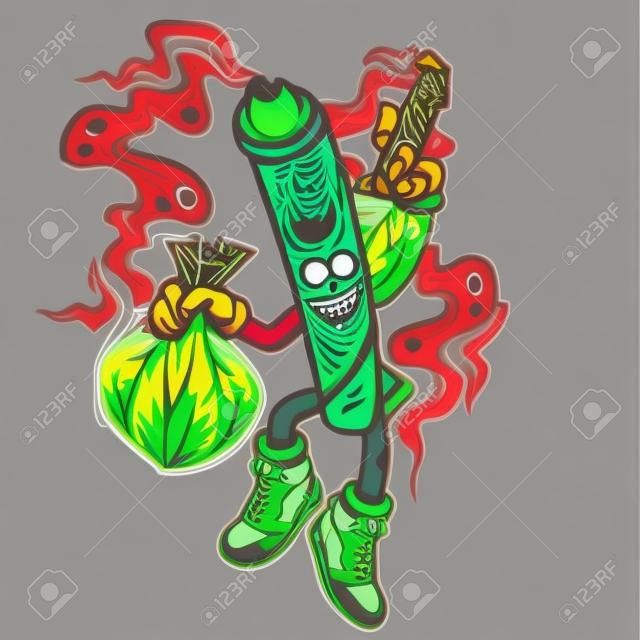 joint jump vector hold weed nug bag and smoking blunt cannabis bud flower marijuana and happy face