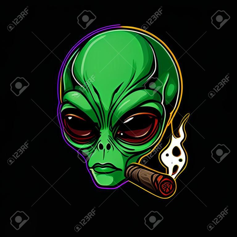 alien head character cartoon mascot smoking blunt and holding weed flower bud nug cannabis