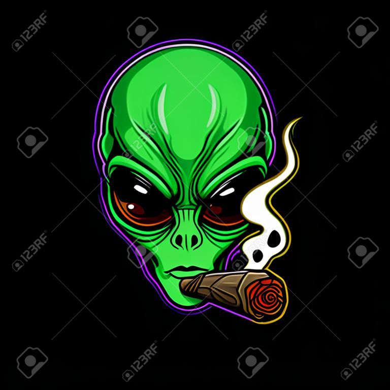 alien head character cartoon mascot smoking blunt and holding weed flower bud nug cannabis
