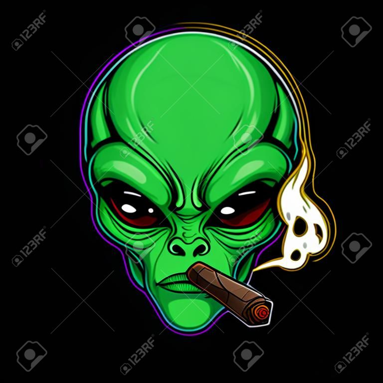 buitenaardse hoofd karakter cartoon mascotte roken lomp en houden wiet bloemknop nug cannabis