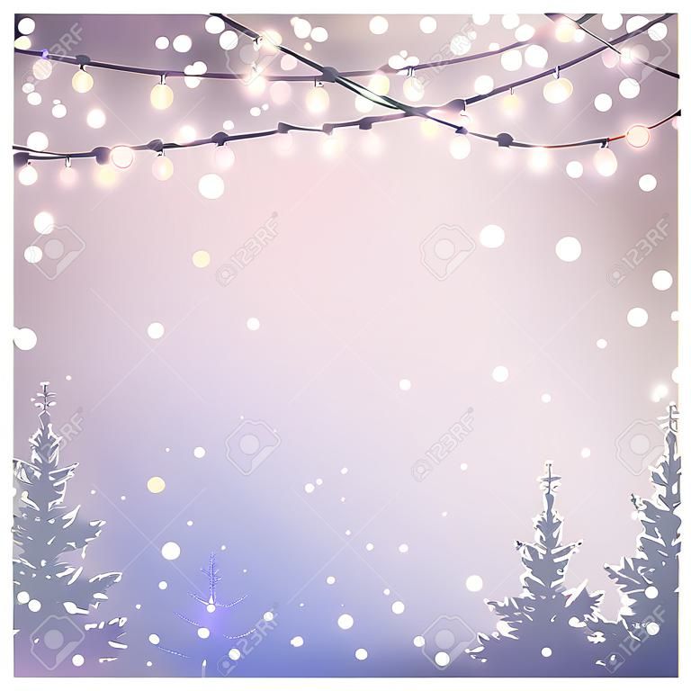 聖誕背景與樅樹和聖誕燈飾。