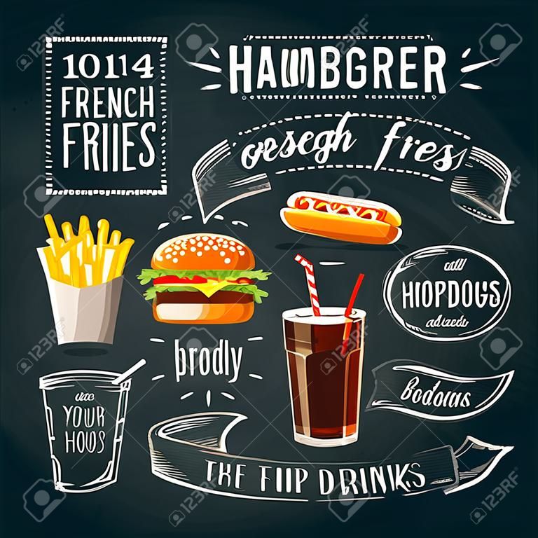 ADs lavagna per alimenti a rapida preparazione - hamburger, patatine fritte e hot dog. Illustrazione vettoriale,