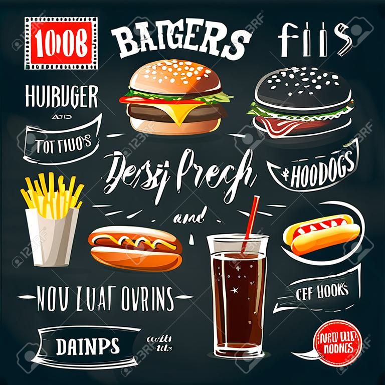 Chalkboard fastfood ADs - hamburger, french fries and hotdog. Vector illustration,
