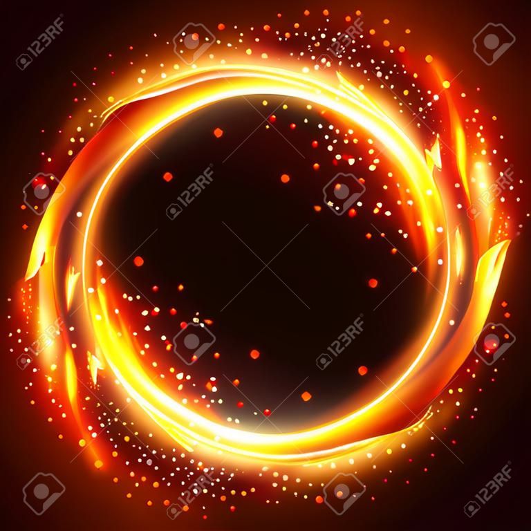 Realistic round light fire flame frame, vector template illustration on black background