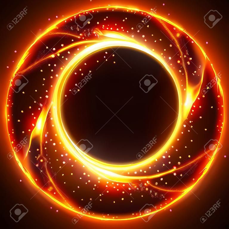 Realistische ronde vuurvlamframe, vector sjabloon illustratie op zwarte achtergrond