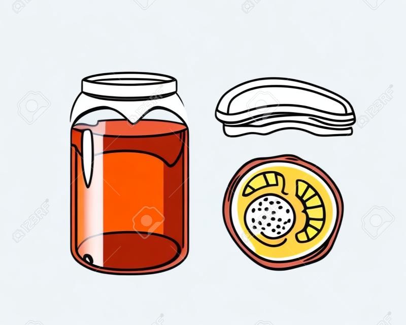 Chá fermentado de Kombucha no frasco de vidro. Ilustração vetorial ícone de desenho animado plano isolado no fundo branco.