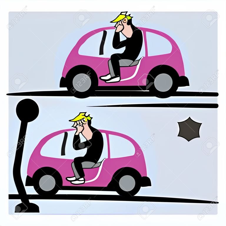 ilustración vectorial de un hombre de conducción que causa un accidente mientras habla por teléfono