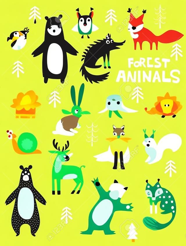 벡터 삼림 동물 캐릭터, 스크랩북, 귀엽고 달콤한 동물에 좋습니다. 가을 꽃 숲 디자인 요소.