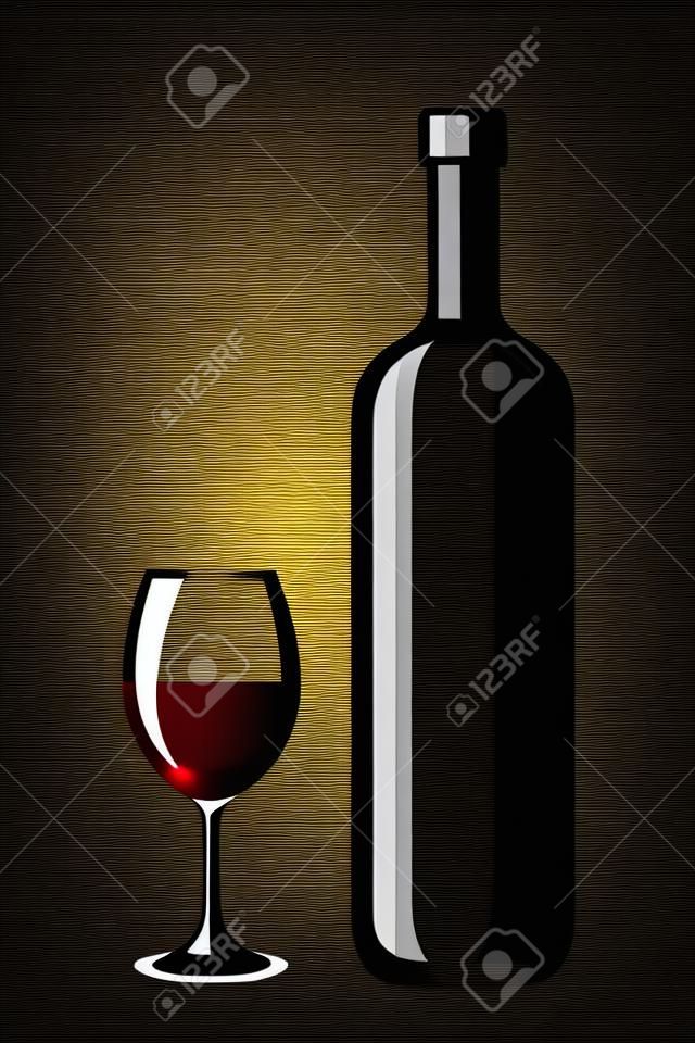 Black silhouette of wine bottle and glass  Vector illustration 