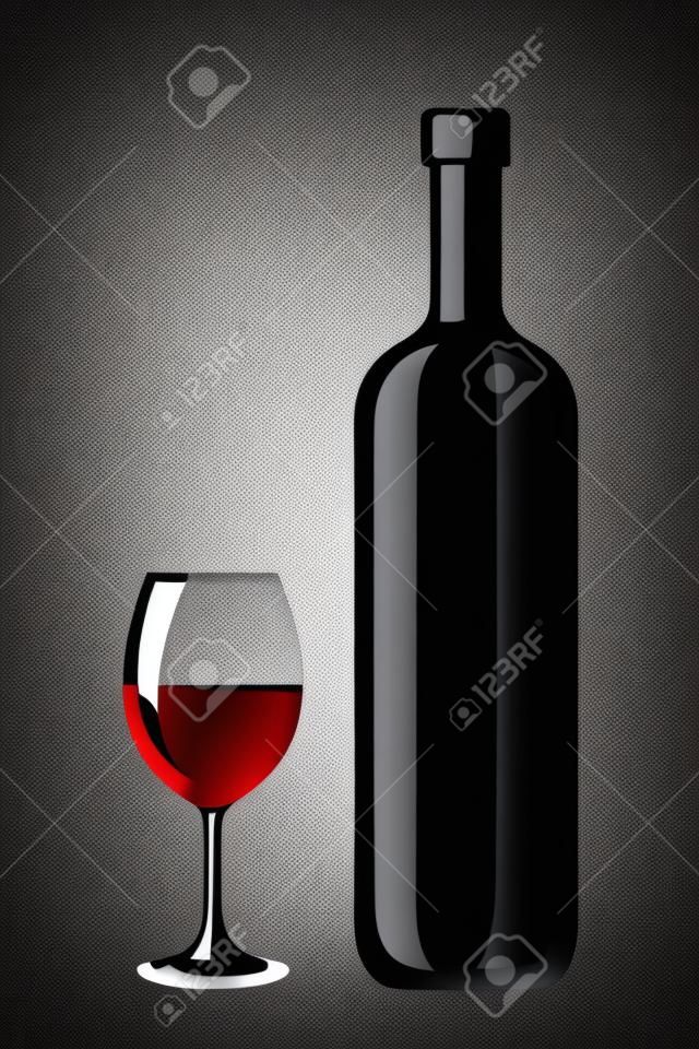 Black silhouette of wine bottle and glass  Vector illustration 