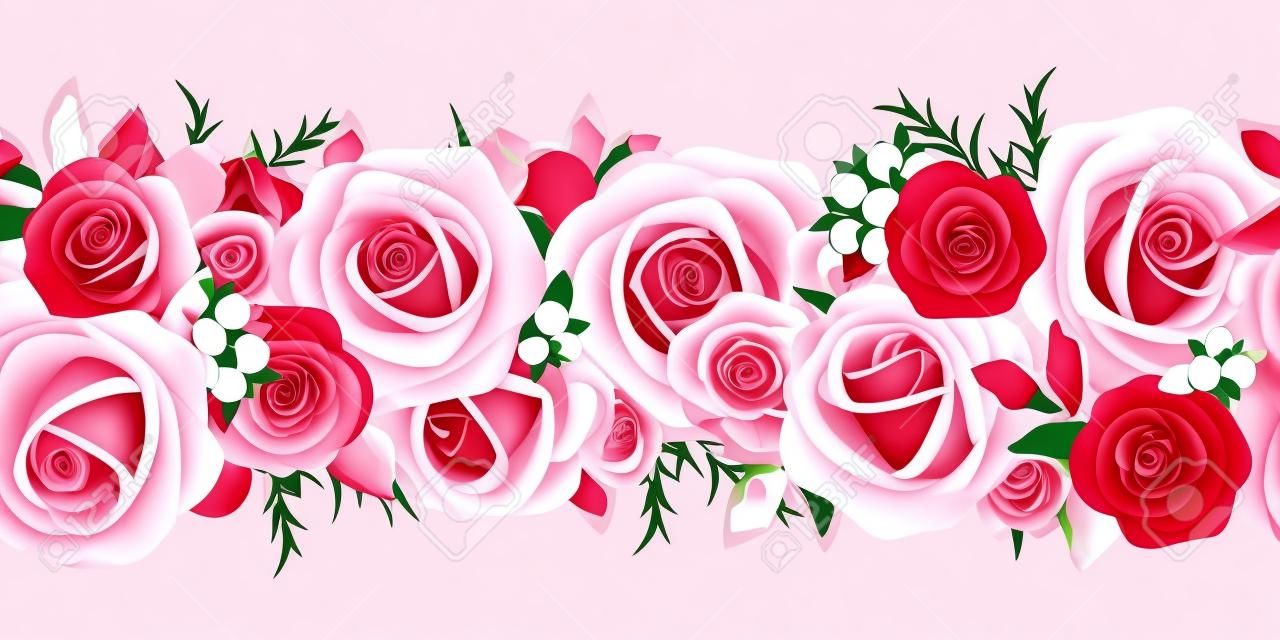 Horizontal seamless background with red, pink and white roses  Vector illustration
