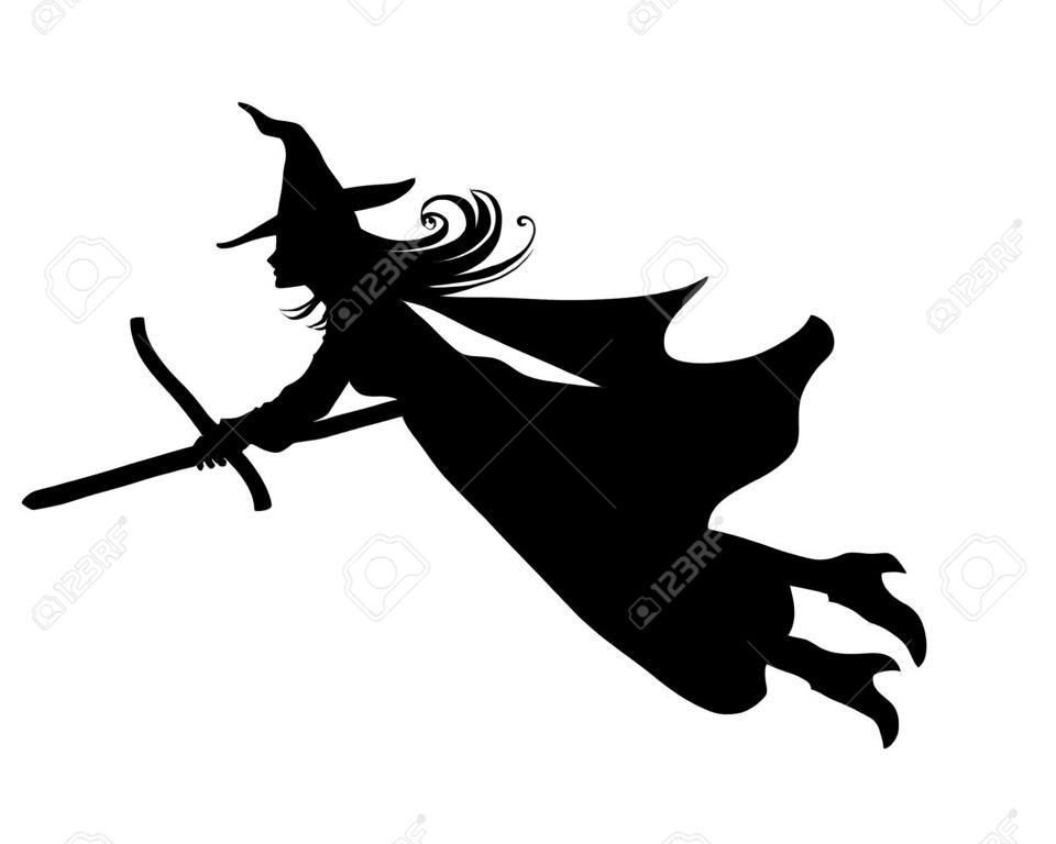 Bir süpürge cadı. Vektör siyah siluet.