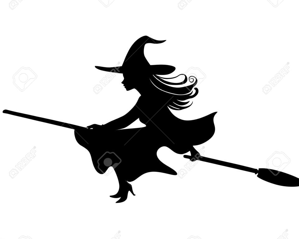 女巫的掃帚。矢量黑色的人影。