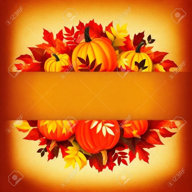 Banner con calabazas y hojas de otoño de colores.
