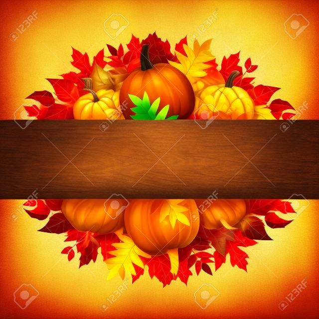 Bandiera con zucche e foglie d'autunno colorate.