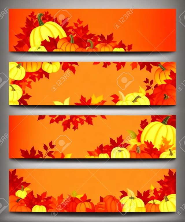 Banery wektora pomarańczowe dynie i liści jesienią.