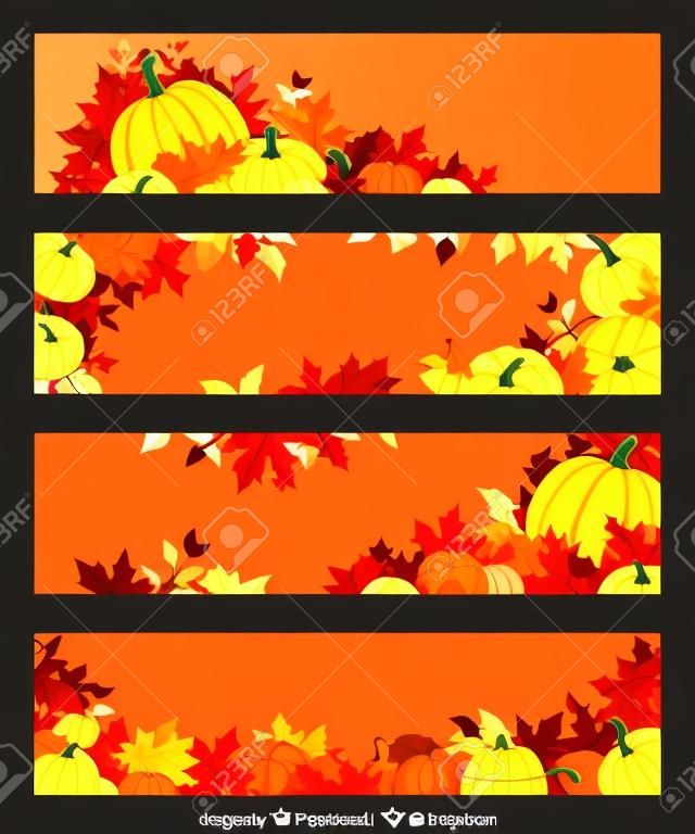 Banery wektora pomarańczowe dynie i liści jesienią.