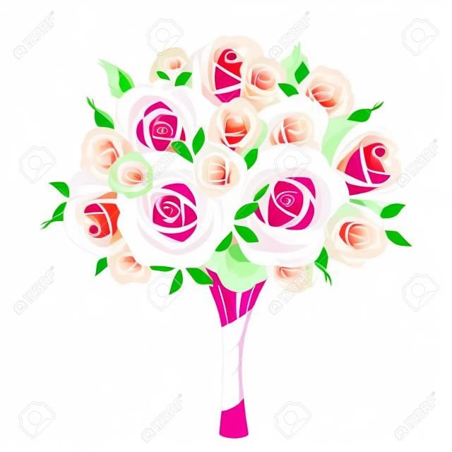 Ślub bukiet z różowych, białych i zielonych róż. ilustracji wektorowych.