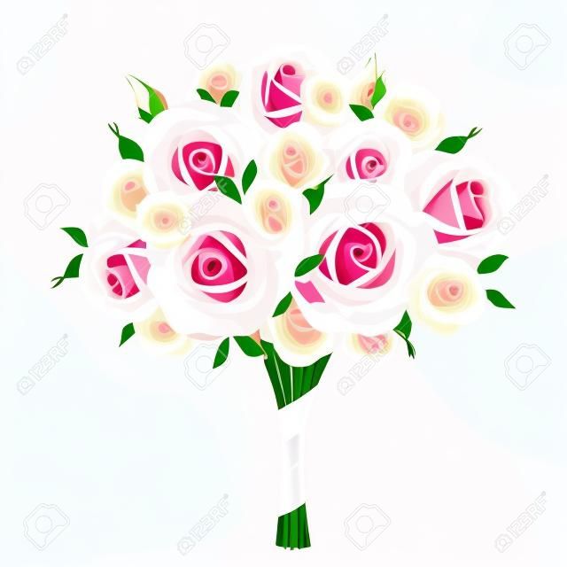 ピンク、白と緑のバラの結婚式の花束。ベクトル イラスト。