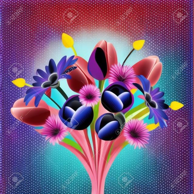 色とりどりのチューリップ、ガーベラ、ヤグルマギクの花束。ベクトルの図。