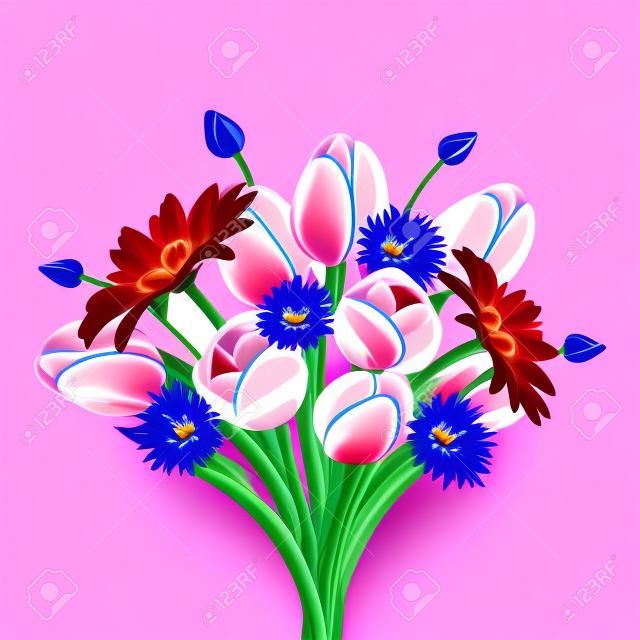 Bouquet de tulipes colorées, fleurs gerbera et bleuets. Vector illustration.