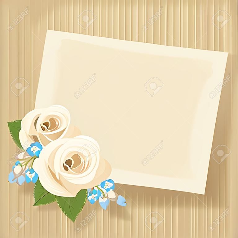 Vector vintage carte avec des roses blanches et bleues lisianthuses lys de la vallée et des fleurs ForgetMeNot sur un carton fond beige.