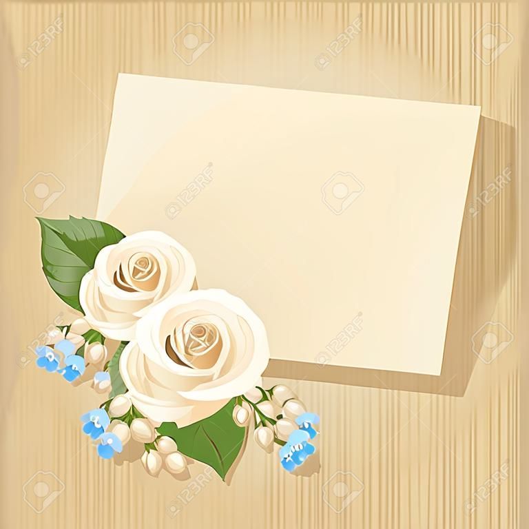Vector vintage carte avec des roses blanches et bleues lisianthuses lys de la vallée et des fleurs ForgetMeNot sur un carton fond beige.
