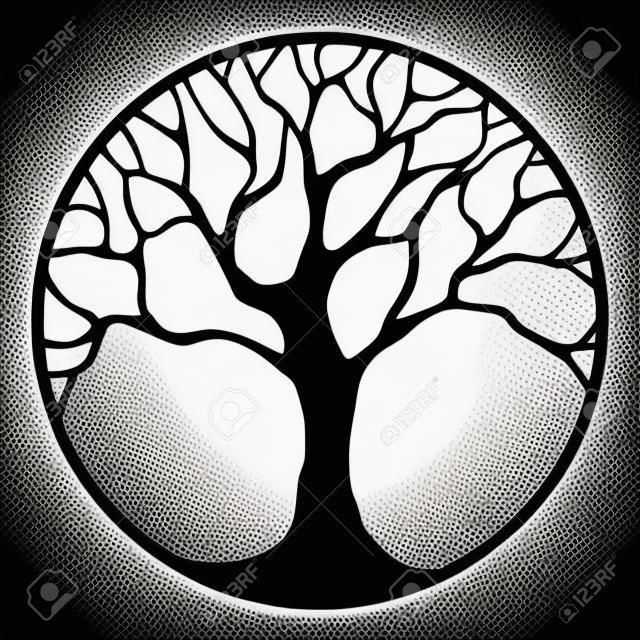 Vector nero sagoma di un albero in un cerchio isolato su uno sfondo bianco.