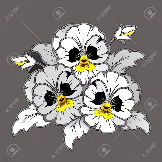 Vector schwarze Kontur von Stiefmütterchen auf einem weißen Hintergrund Blumen.