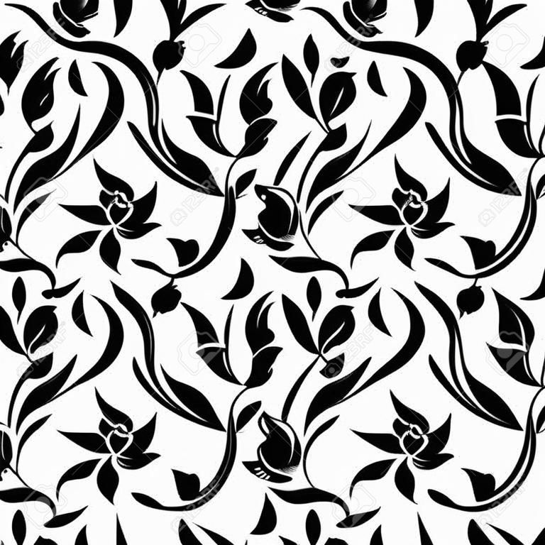 Vector naadloos zwart-wit bloemenpatroon.