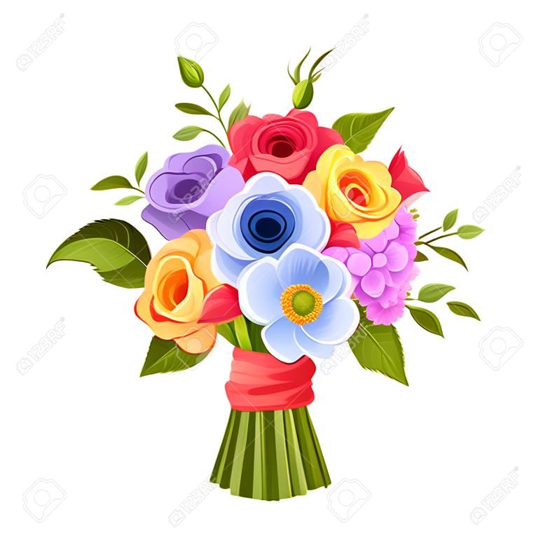 Vector bouquet of red, orange, yellow, blue and purple flowers isolated on a white background.