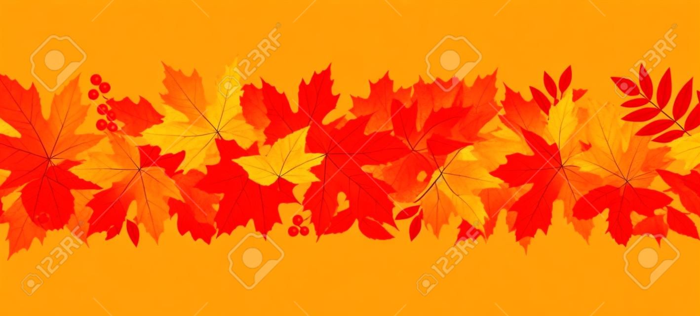 Wektor poziomy bezszwowe tło z liści jesienią czerwony, pomarańczowy, żółty, zielony i brązowy.