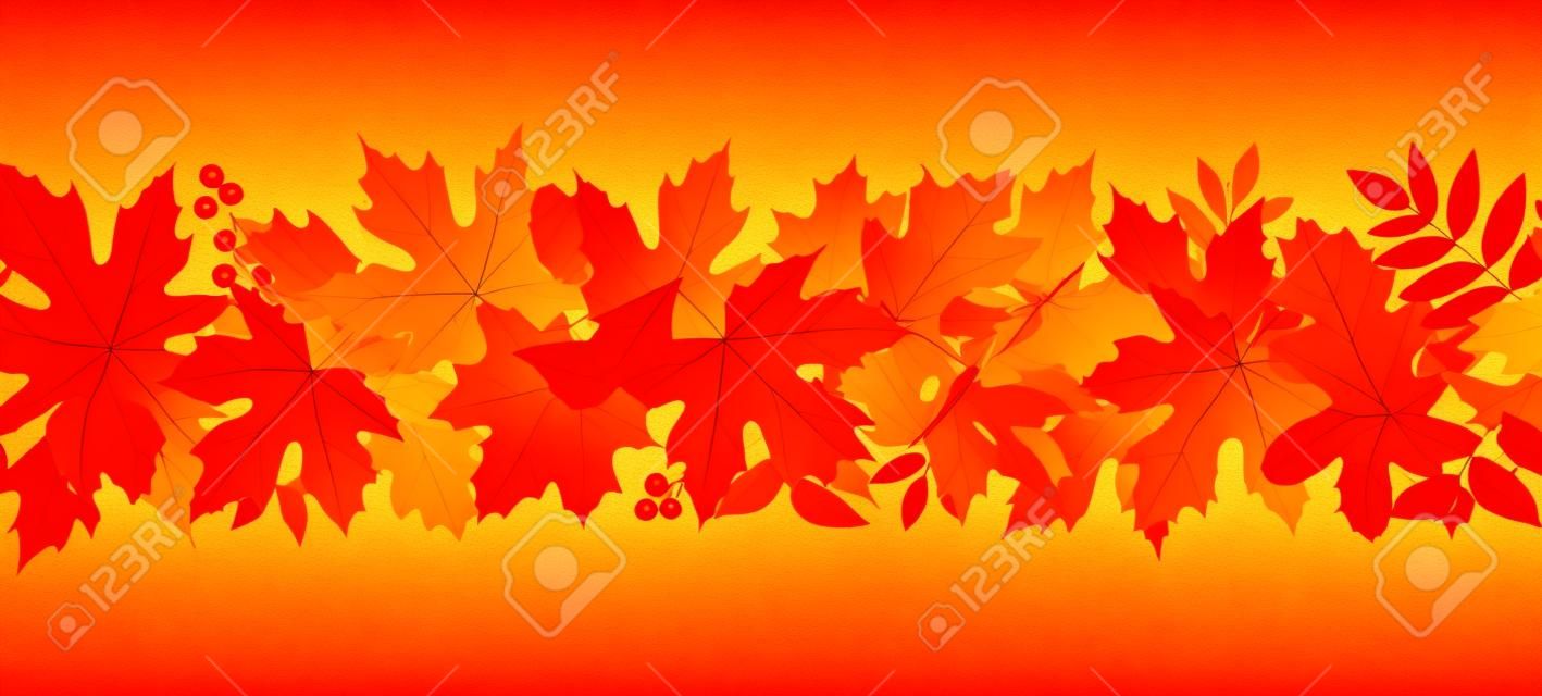 Vektor horizontaler nahtloser Hintergrund mit roten, orangefarbenen, gelben, grünen und braunen Herbstblättern.