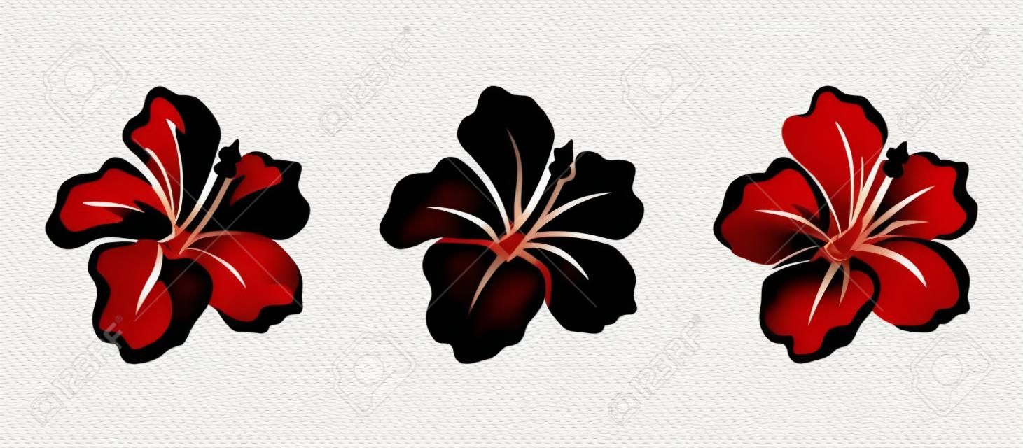 Vector set of black silhouettes of tropical hibiscus flowers isolated on a white background.
