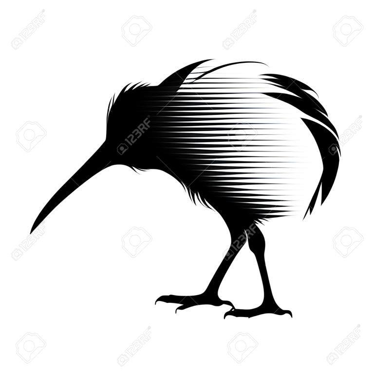 Vector zwart silhouet van een kiwi vogel geïsoleerd op een witte achtergrond.