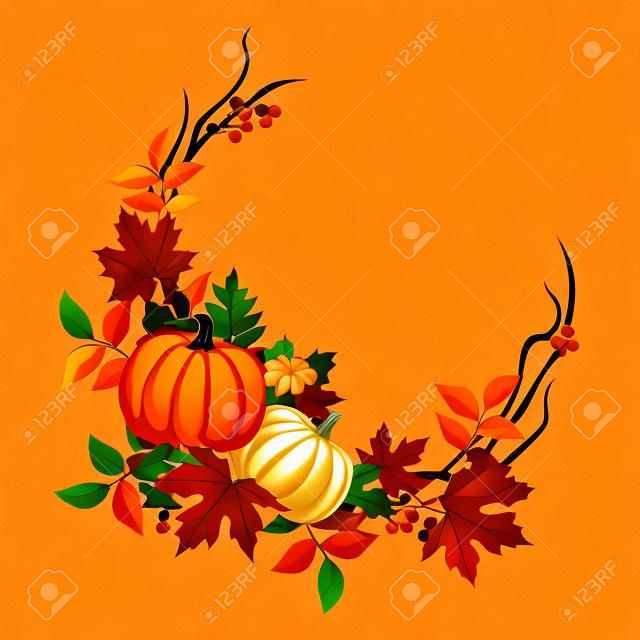 Vector decorative border with pumpkins, orange and brown autumn leaves, and rowanberries.