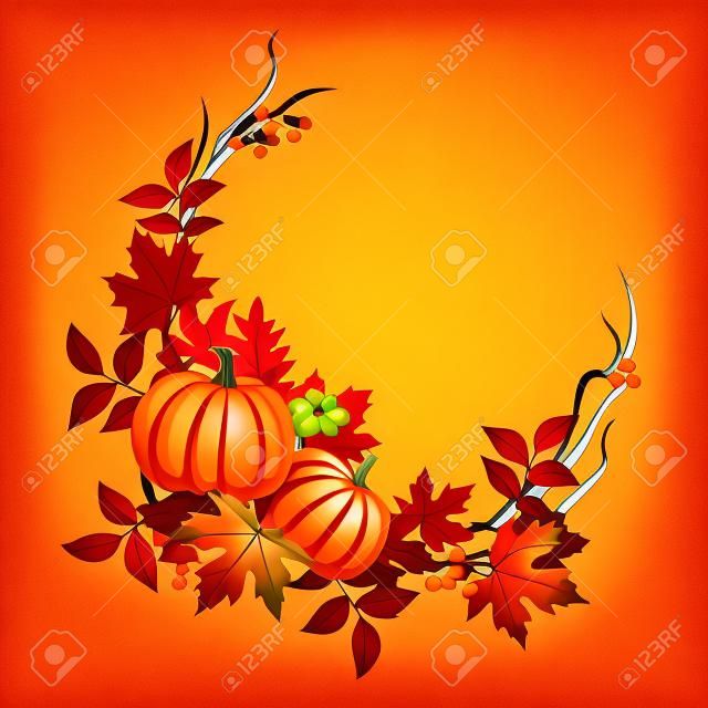 Vector decorative border with pumpkins, orange and brown autumn leaves, and rowanberries.