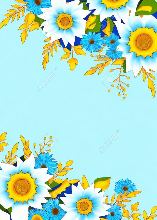 Design de cartão de saudação ou convite com girassóis azuis e amarelos, flores de dente-de-leão, flores de milho, orelhas de trigo e folhas verdes.