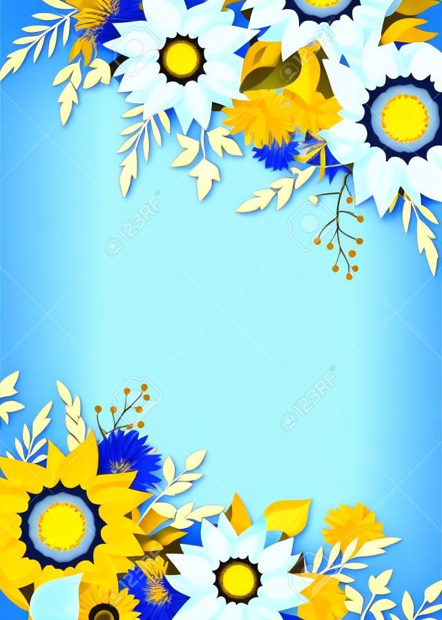 Design de cartão de saudação ou convite com girassóis azuis e amarelos, flores de dente-de-leão, flores de milho, orelhas de trigo e folhas verdes.