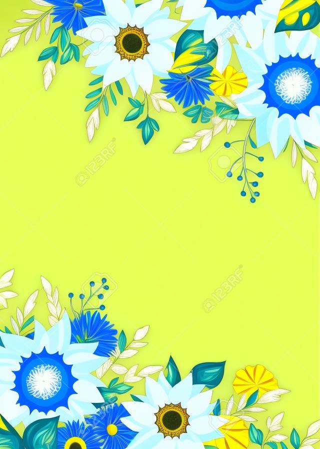 Groet of uitnodiging kaart ontwerp met blauwe en gele zonnebloemen, paardenbloemen, korenbloemen, oren van tarwe, en groene bladeren.