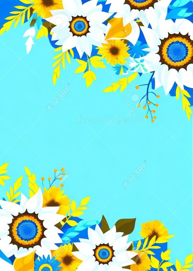 Greeting or invitation card design with blue and yellow sunflowers, dandelion flowers, cornflowers, ears of wheat, and green leaves. Vector illustration