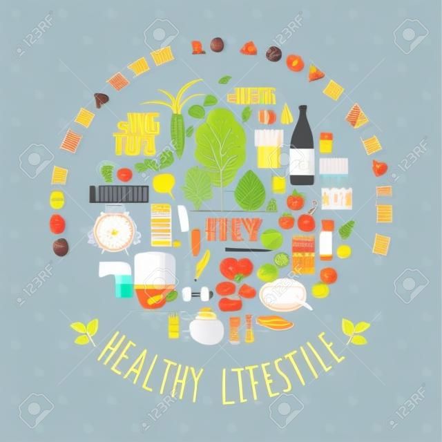 健康的生活方式矢量插圖與排版。設計元素的海報，傳單，圖形模塊。