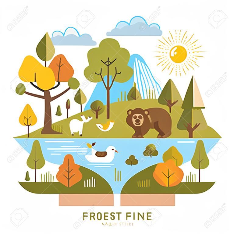 Koruma doğanın Vector illustration. Orman flora ve fauna. Trendy grafik stili.