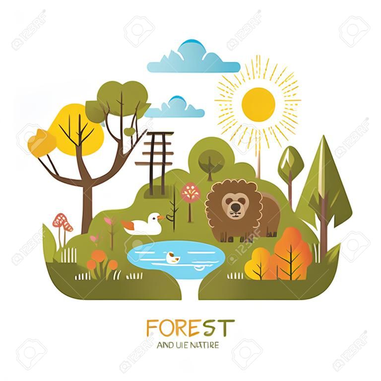 自然保護のベクター イラストです。森林植物相および動物群。トレンディなグラフィック スタイルです。