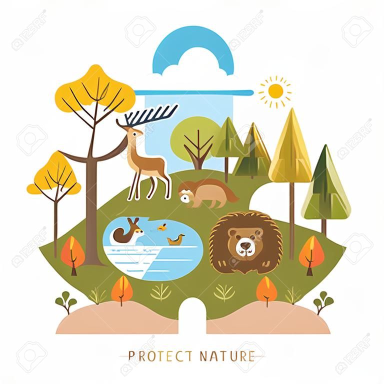 Векторная иллюстрация защиты природы. Лесные флоры и фауны. Модные графический стиль.