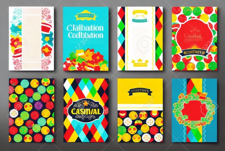 카니발 아이콘 및 개체 축하 축제 배경입니다. 배너, 전단지, 플래 카드, 포스터 및 기타 사용 벡터 디자인 템플릿 컬렉션.