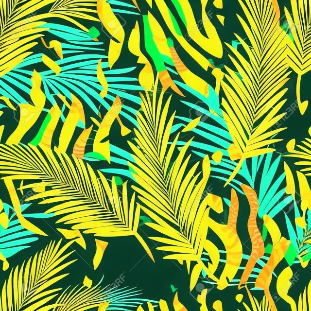 Nahtloses exotisches Muster mit Palmblättern und Tiermuster. Vektor Hand zeichnen Illustration