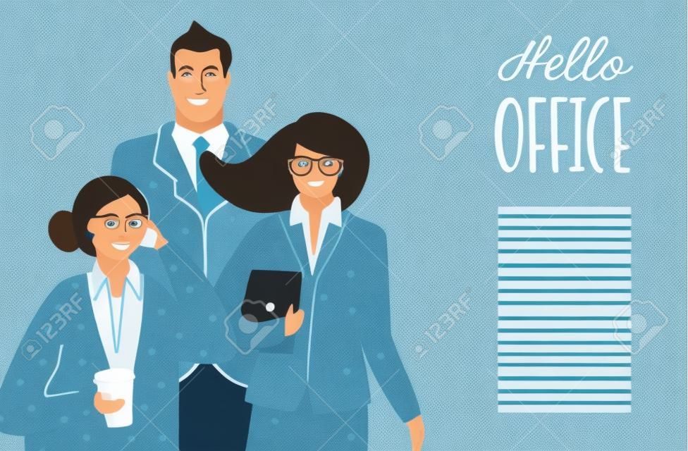 Hello office. Vectior illustration with office workers. Design template.